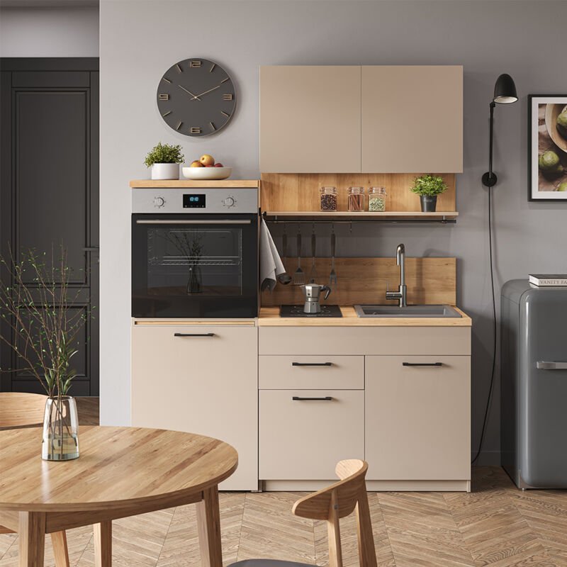 Singleküche Egbert, Greige, 160 cm mit ausziehbarem Tisch, Vicco