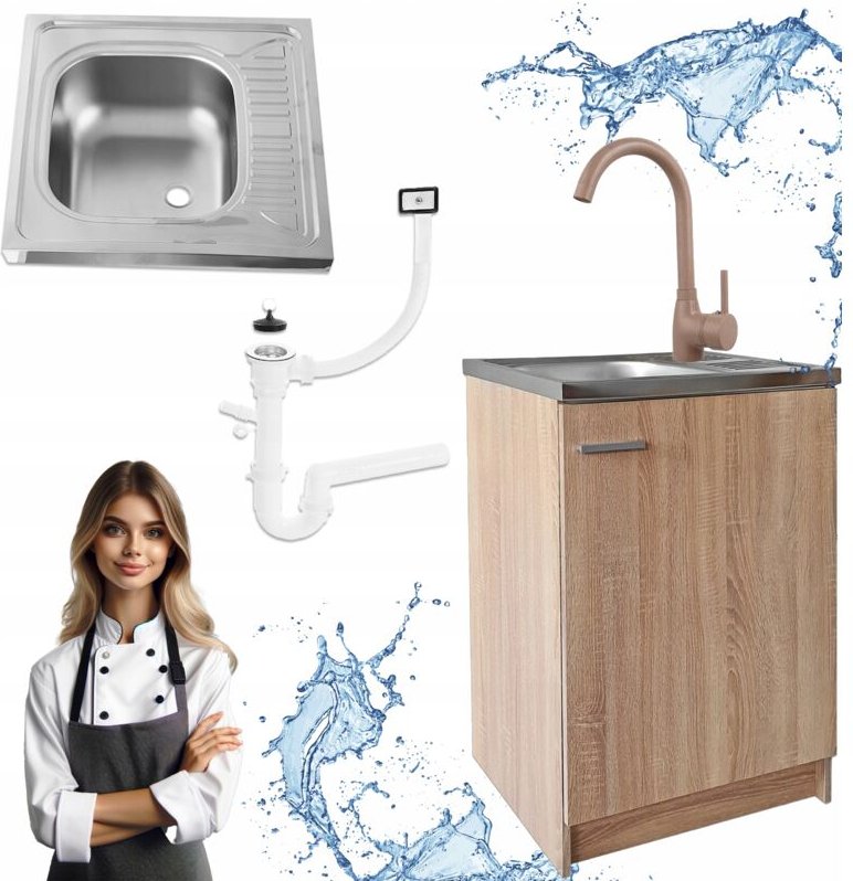 STAMAR Küchenschrank 60 x 60 cm - Eiche Sonoma - mit Spüle und beige Armatur - praktisch und elegant