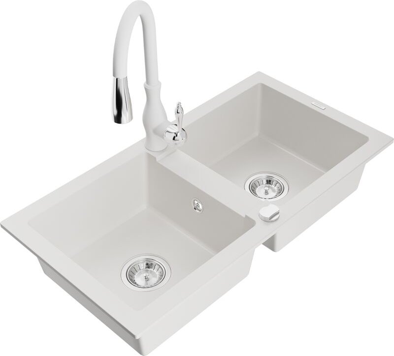 Mario 2-Becken-Granitspüle mit Mischbatterie Savita, Weiß - 6504-20-672601-20 - Mexen
