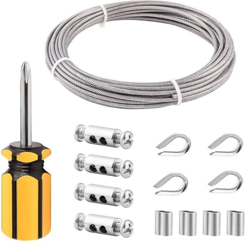 3 mm Edelstahlkabel für den Innenbereich – 10 m langes Kabel mit PVC-Ummantelung, M3-Kauschen und Kabelclips aus Kohlens...