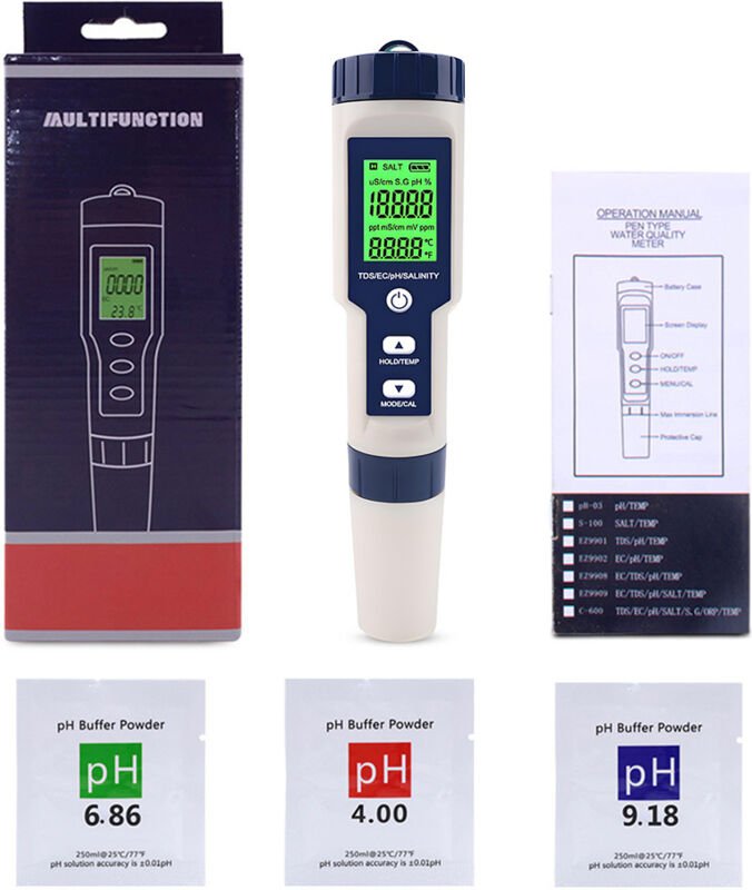 Ph Mètre Électronique 5 en 1 avec tds ec Salinité Température, pH Testeur Multi-paramètres étanche IP67 de Haute précisi...