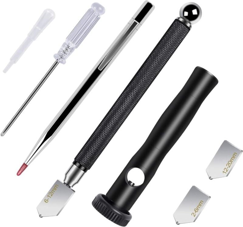 Glasschneider für 2–20 mm Glas mit ergonomischem Griff – professioneller Diamantschneider mit 3 Glasschneidköpfen, Öltro...