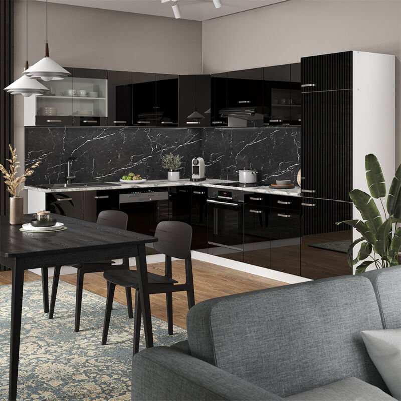 Einbauküche R-Line, Schwarz Hochglanz/Weiß, 227 x 287 cm ohne Arbeitsplatte, Vicco