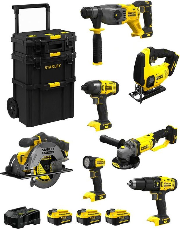 Stanley - FatMax Kit SVK701 (SFMCH900 + SFMCG400 + SFMCD711 + SFMCF800 + SFMCS500 + SFMCS600 + SFMCL020 +3x4,0Ah+Ladeger...