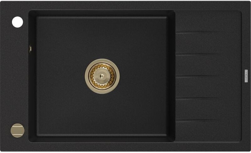Elias Granitspüle mit einem Becken und einer Abtropffläche 795 x 480 mm, Schwarz, Siphon Gold - Mexen
