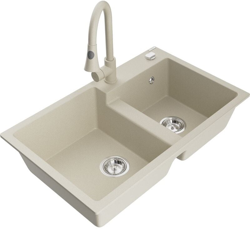 Tomas 2-Becken-Granitspüle mit Mischbatterie Elia, Beige - 6516-69-670101-69 - Mexen