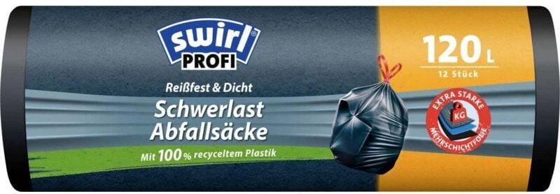 Swirl - Schwerlast-Säcke Profi mit Zugband 120 l Reißfest & Dicht Müllsäcke & Müllsackständer