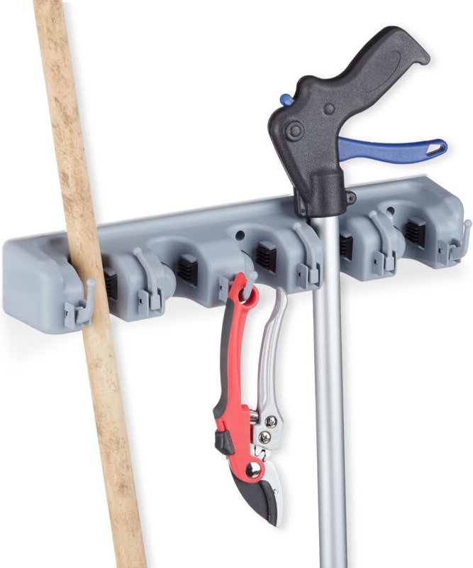 2 x Gerätehalter Wandhalterung im Set, 10 Klemmhalter, 12 Klapphaken, Universal Werkzeughalter für Wand, 40 cm, pp, grau