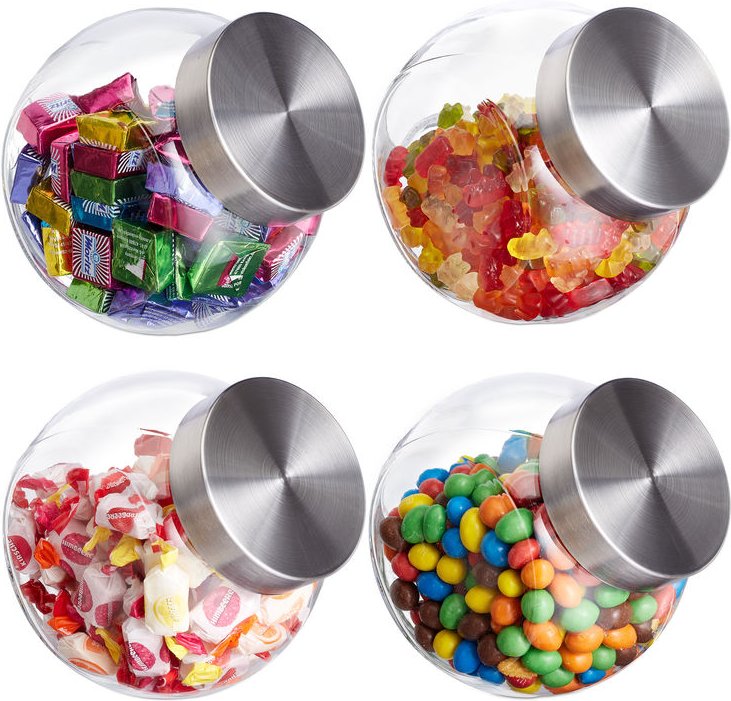 Bonbongläser, 4er Set, 1,5 l, Vorratsgläser für Süßigkeiten, Lebensmittel, Candy Bar, Edelstahl-Deckel, klar - Relaxdays