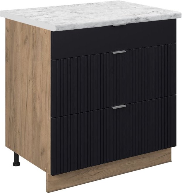 Thumbnail - Vicco - Küchenunterschrank Fame-Line, Schwarz gestreift, 80 cm mit 3 Schubladen, ap Marmor