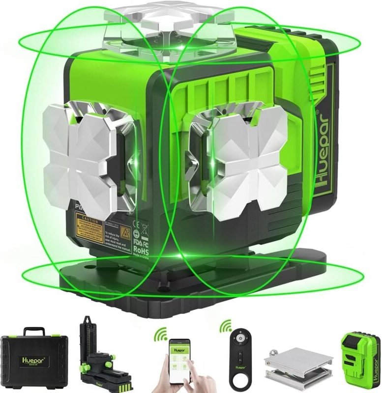 Huepar - 360 selbstnivellierender Laser-Wasserwaage, 4 x 360 grüner Kreuzlaser mit Bluetooth, 16 Linien 4D horizontales/...