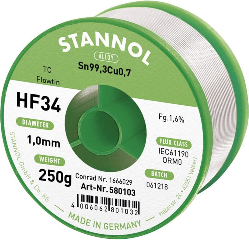 Thumbnail - HF34 1,6% 1,0MM flowtin tc cd 250G Lötzinn, bleifrei Spule, bleifrei Sn99,3Cu0,7 ORM0 250 g - Stannol