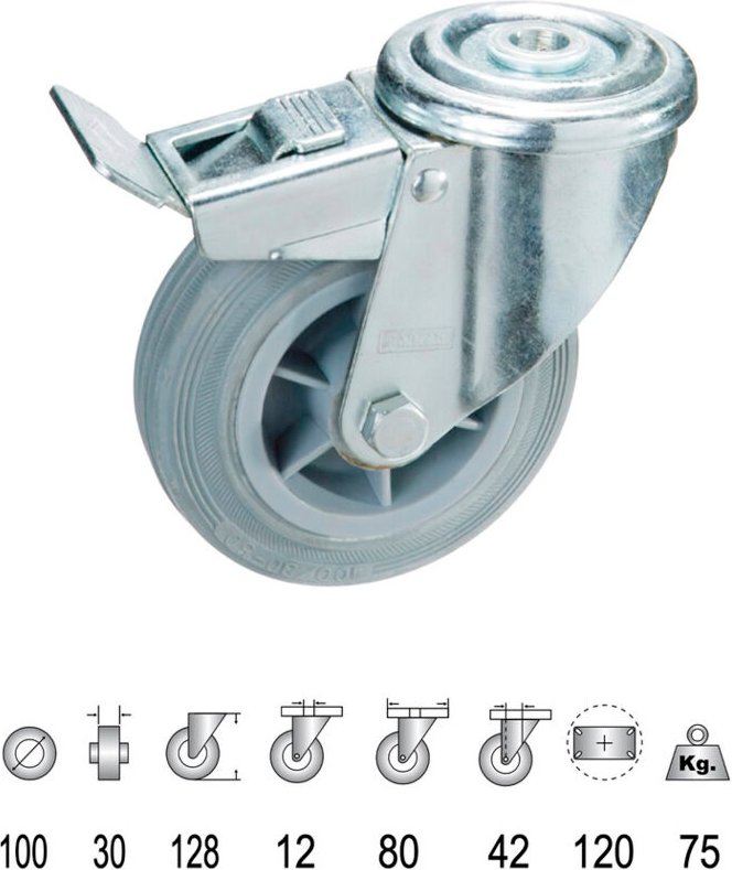 Graue, durchgehende, industrielle Gummirolle mit Bremse 100 mm.