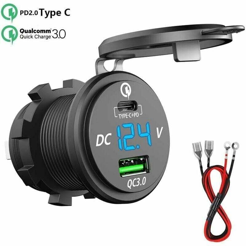 Thumbnail - USB-C-Auto-Schnellladegerät, 12 V/24 v, qc 3.0, 64 w, Doppelsteckdose, wasserdichtes USB-Ladegerät mit LED-Voltmeter für...