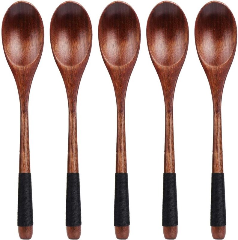 5er-Set Suppenlöffel aus Holz, koreanischer japanischer Reislöffel mit langem Griff, Küchenutensilien zum Mischen und Rü...
