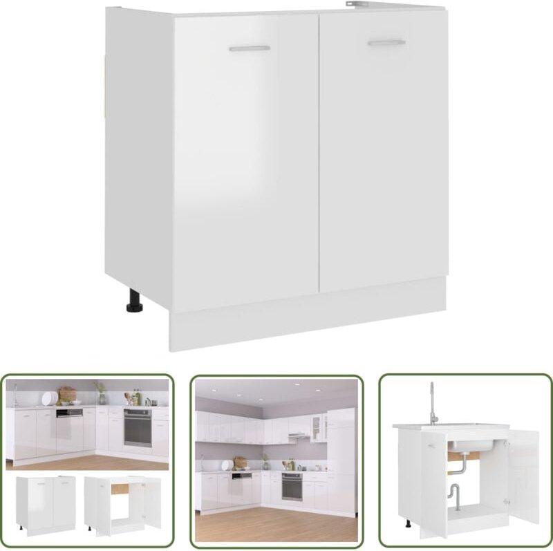 The Living Store - Spülenunterschrank Hochglanz-Weiß 80x46x81,5 cm Holzwerkstoff - Küchenmöbel - Spüle Unterschrank - Ho...