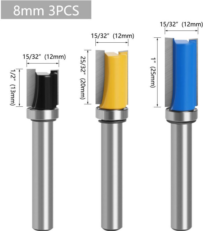 3 Stück 8 mm Hartmetall-Fräser, Hartmetall-Fräser, gerader Fräser mit Lager, für die Holzbearbeitung - Lntyq