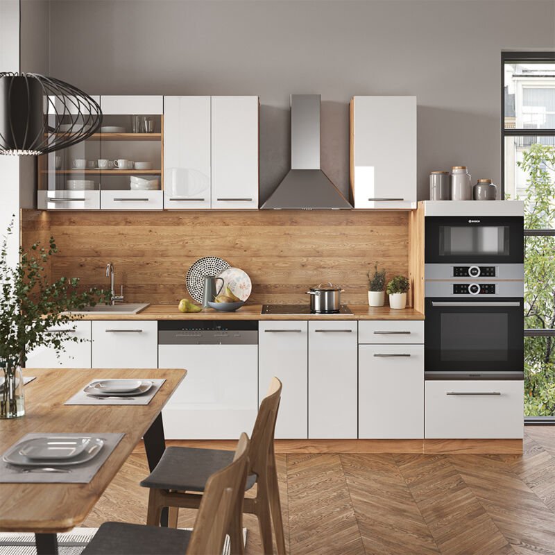 Küchenzeile Fame-Line, Weiß Hochglanz/Goldkraft Eiche, 300 cm mit Hochschrank, AP Anthrazit, Vicco