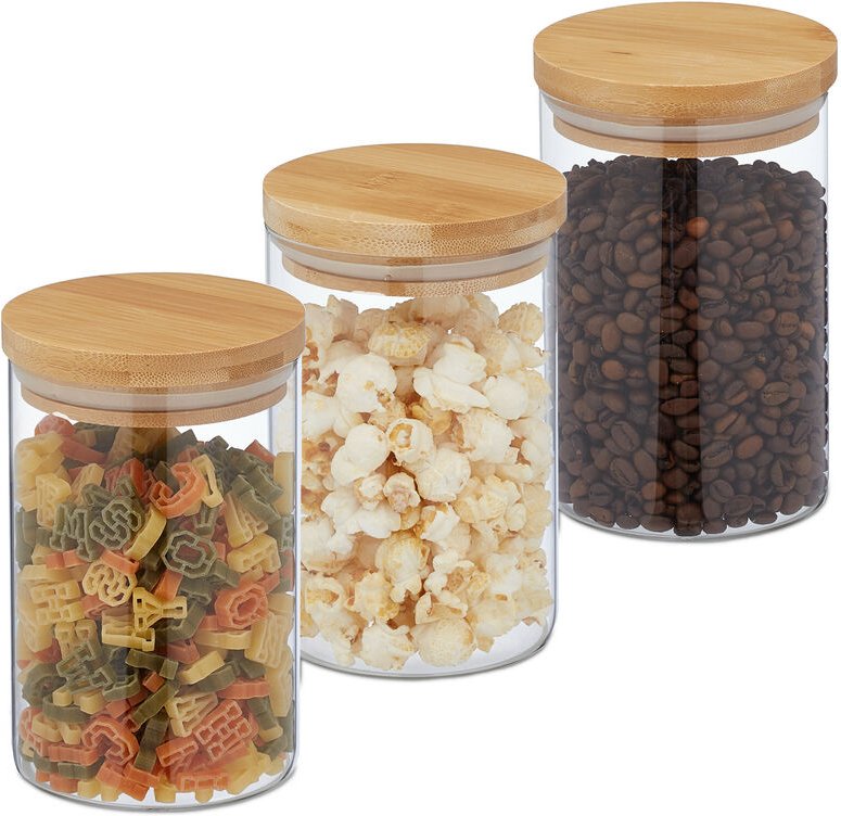 Relaxdays - Vorratsgläser mit Bambusdeckel, 3er Set, runde Vorratsdosen aus Glas, 800 ml, luftdicht, transparent/natur