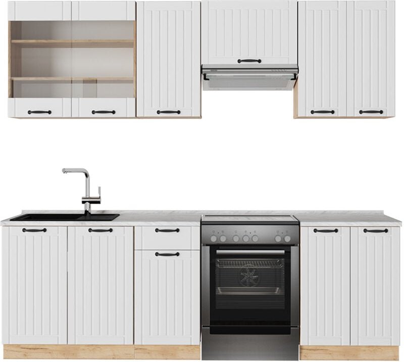 Küchenzeile Fame-Line, Weiß Landhaus, 240 cm , AP Marmor, Vicco