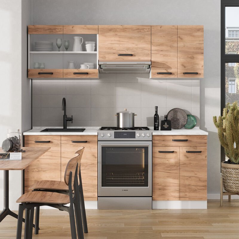 Vicco - Küchenzeile R-Line, Goldkraft Eiche/Weiß, 200 cm ap Marmor