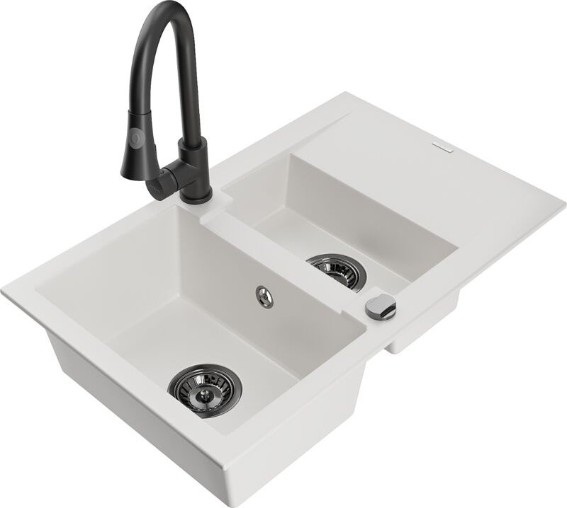 Gaspar 1,5-Becken-Granitspüle mit Abtropffläche und Mischbatterie Elia, Weiß - 6507-20-670101- - Mexen
