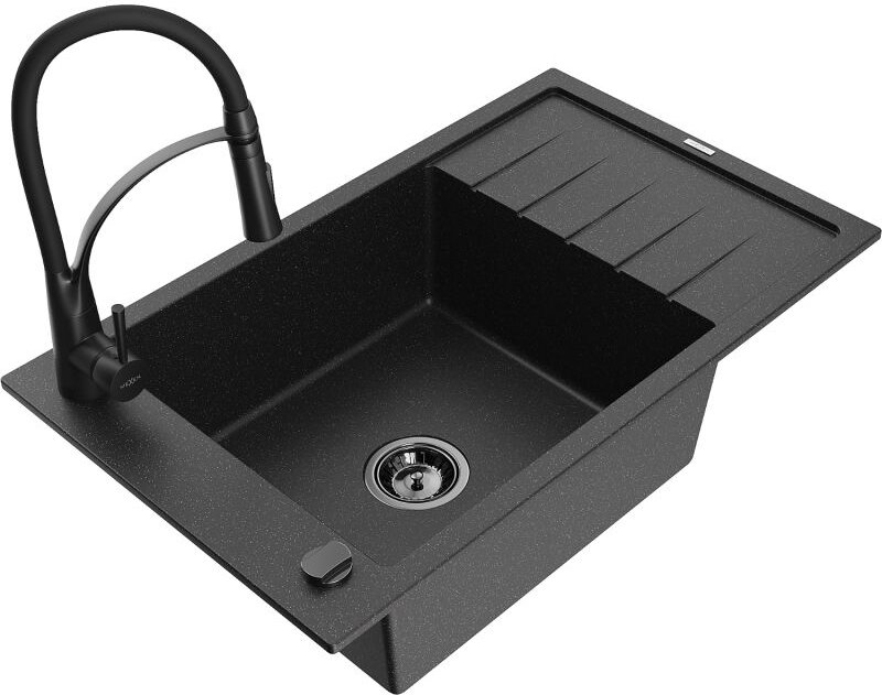 Elias 1 Becken-Granitspüle mit Abtropffl√§che und Mischbatterie Aster, Schwarz/Silbermetallic - 6511-73-73450-70-B - Mex...