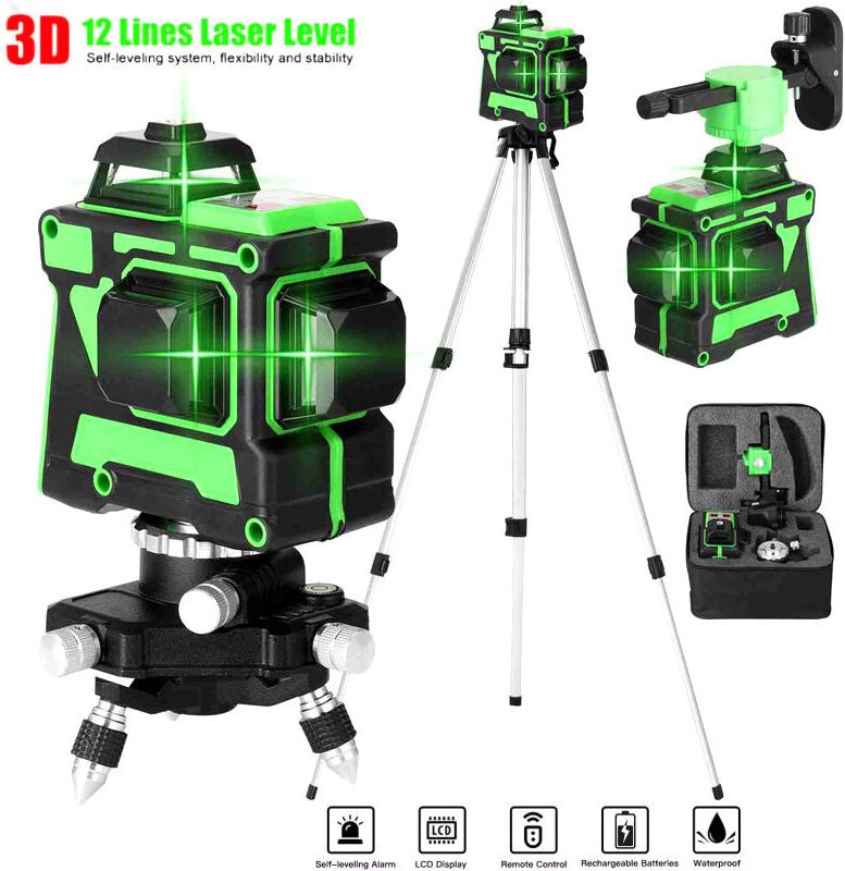 Ej.life - 3 x 360° 3D-Laser-Nivelliergerät mit 12 Linien, selbstausgleichender grüner Laser-Nivelliergerät, rotierendes ...