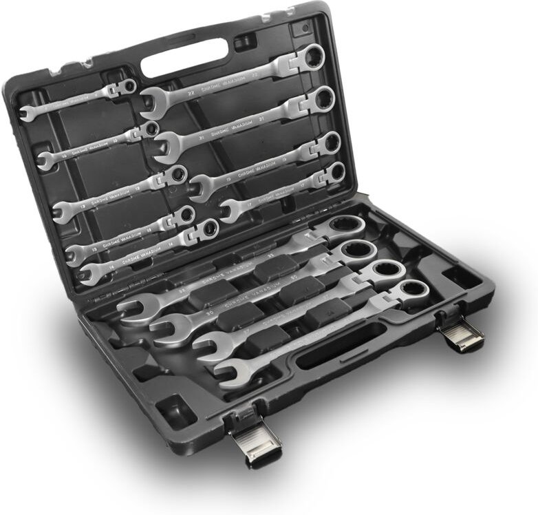 13 tlg. flexibles Ratschenringschlüssel Set Cr-V Stahl Gelenk-Ringmaulschlüssel mit Ratsche 8-32 mm verstellbar inkl. Ko...