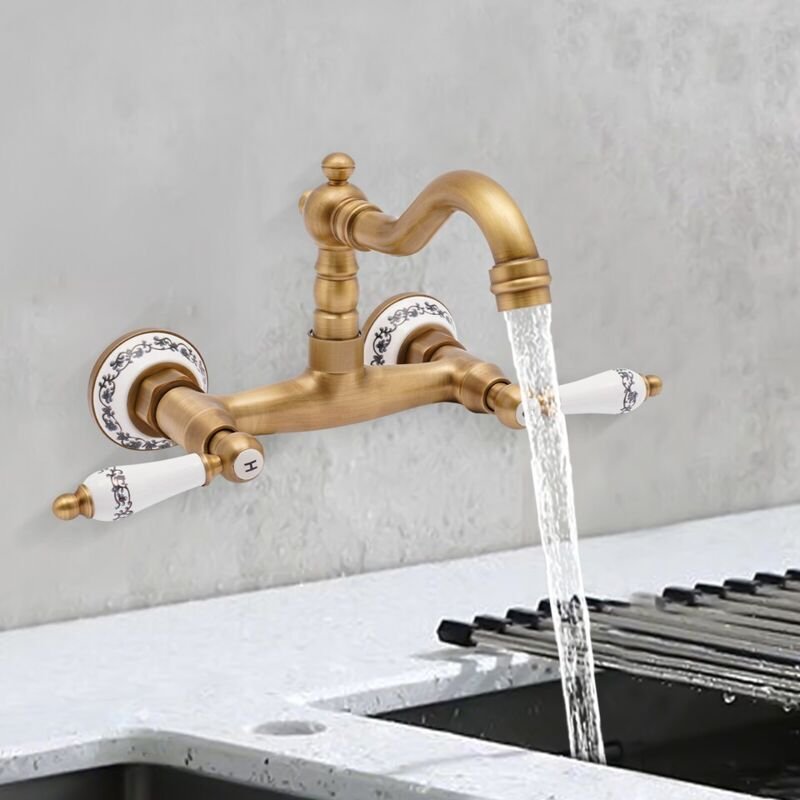 Thumbnail - Retro-Wasserhahn, Wasserhahn mit drehbarem Doppelgriff, Unterputz-Wasserhahn im antiken Stil, Wand-Küchenarmatur aus Mes...