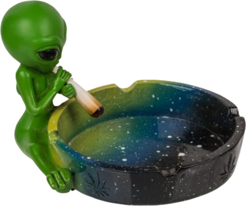 Grüner Alien-Aschenbecher mit einem Joint