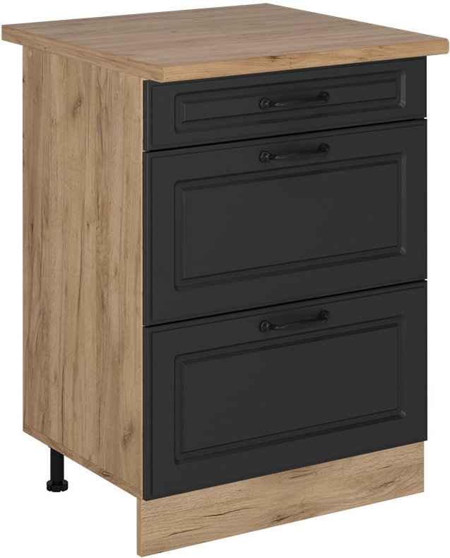 Küchenunterschrank R-Line, Anthrazit Landhaus, 60 cm mit Schubladen, AP Eiche, Vicco