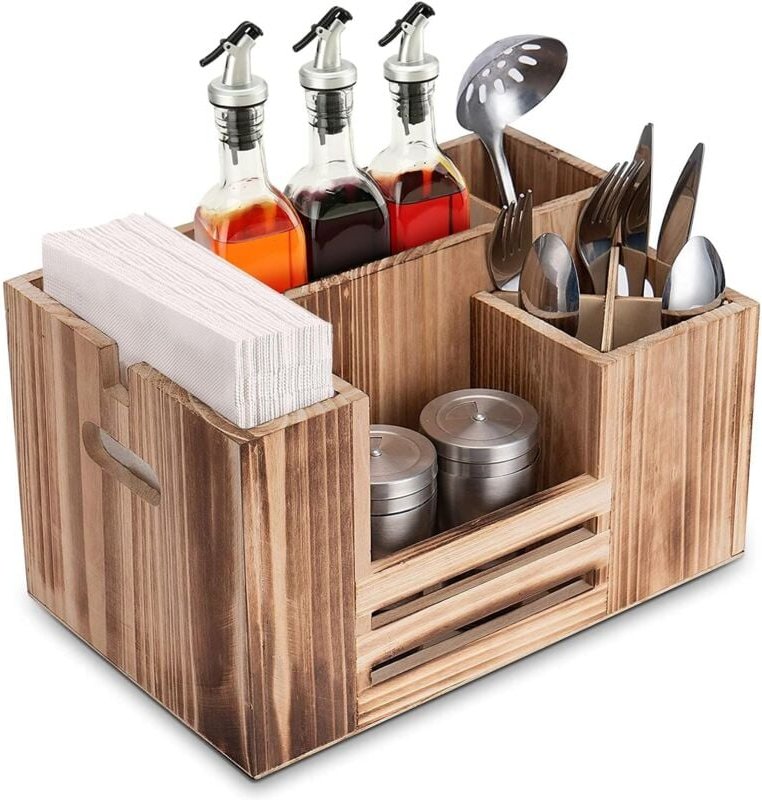 Besteckkorb aus Holz, Besteckhalter für Besteck, Servietten, Salzstreuer und Soßen, 8 Fächer für Küchenutensilien