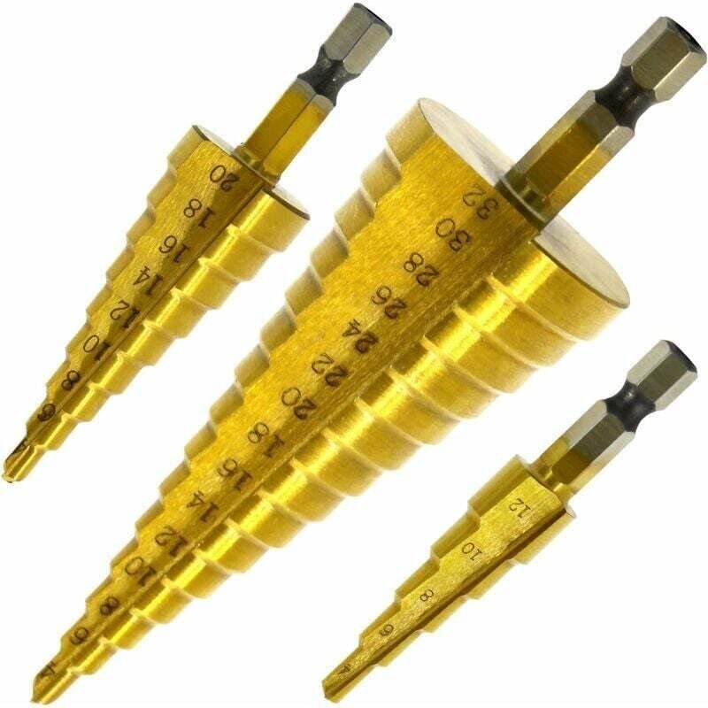 Thumbnail - Bohrer-Set für Bohrmaschine, 3er-Set, Bohrer, Senker, Stufenbohrer, hss, Edelstahl, Metall, 4–12/20/32 mm, dreieckig, ko...