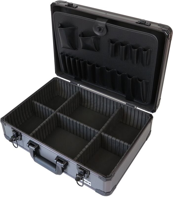 HMF 14601-02 Alu Werkzeugkoffer leer, Universalkoffer, verstellbare Facheinteilung, Werkzeugbox, 46 x 15 x 33 cm