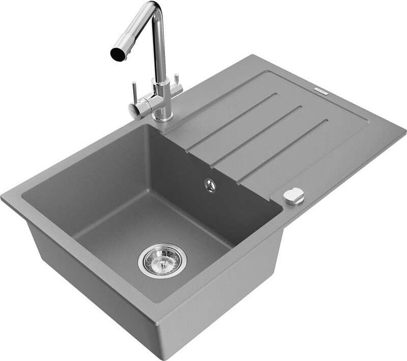 Bruno 1 Becken-Granitspüle mit Abtropffl√§che und Mischbatterie Duero, Grau - 6513-71-671600-00 - Mexen