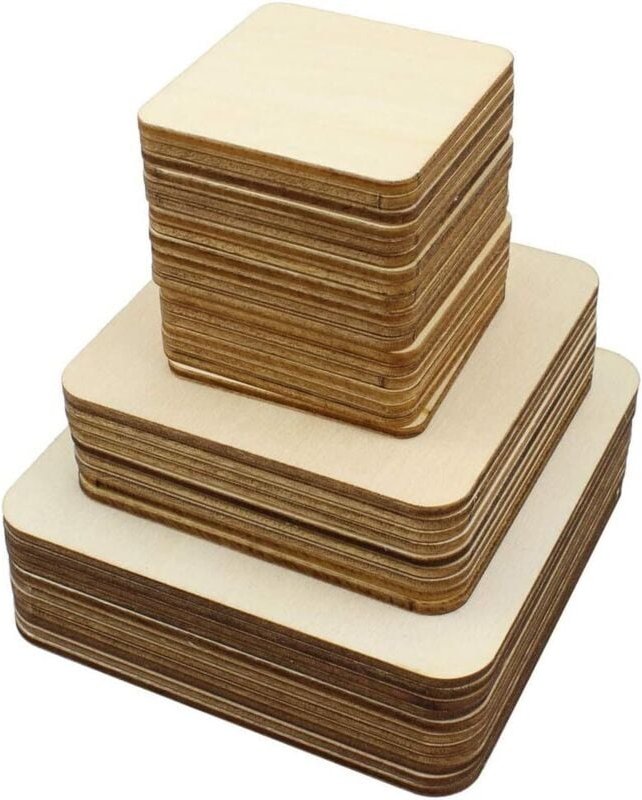 42 Stück leere, ungeschnittene Holzquadrate für Kunst und Handwerk, Brandmalerei, Lasergravur, Malerei (10 cm, 8 cm, 5 c...
