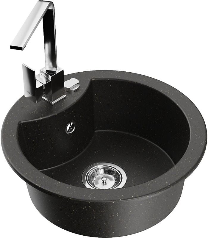 Diego 1-Becken-Granit-Spüle mit Mischbatterie Rita, Schwarz/Gold metallisch - 6512-75-670300-00 - Mexen