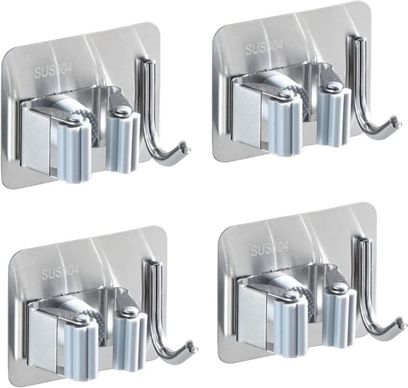 4er-Pack Besenhalter zur Wandmontage, Edelstahl, selbstklebender, rostfreier Mopphalter, mit 1 Haken und 1 Schnellversch...
