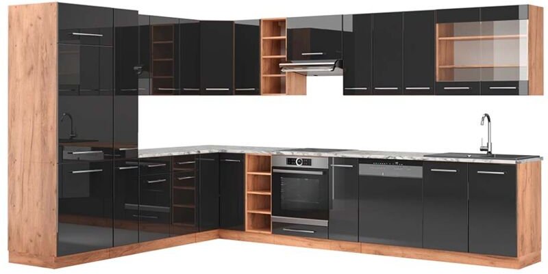 Vicco - Eckküche Fame-Line, Anthrazit Hochglanz/Goldkraft Eiche, 347 x 257 cm , ap Marmor