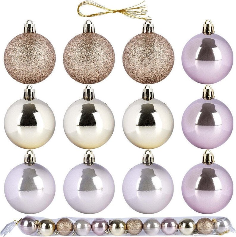 Set of 12 unbreakable christmas tree balls in pink and gold