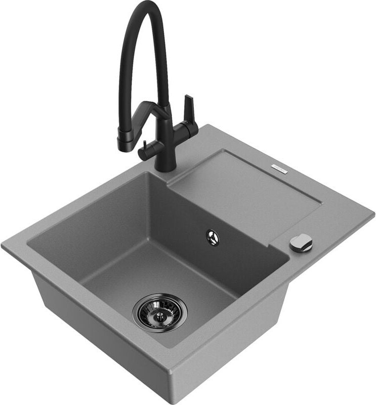 Enzo 1 Becken-Granitspüle mit Abtropffläche und Mischbatterie Duo, Grau - 6506-71-671701-70-B - Mexen