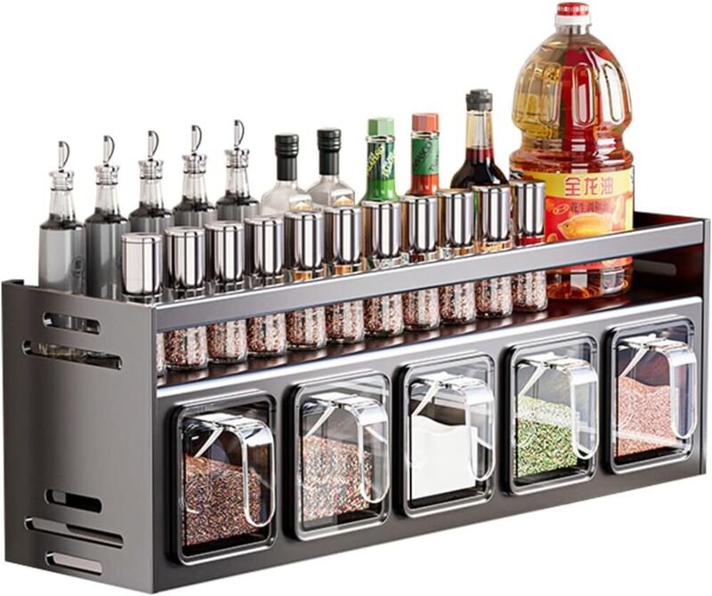 An der Wand montiertes Gewürzregal für die Küche, hängende Gewürzbox über dem Herd, hängendes Gewürzglasregal, Organizer...