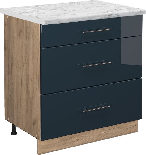 Vicco - Küchenunterschrank Fame-Line, Dunkelblau Hochglanz, 80 cm mit 3 Schubladen, ap Marmor