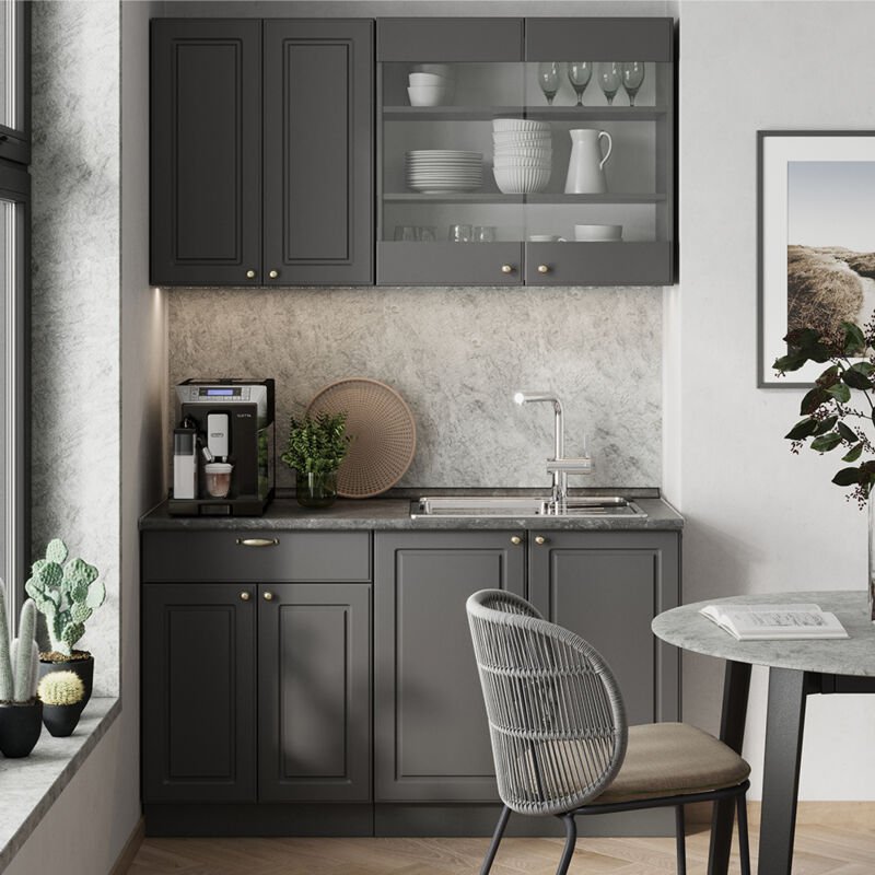 Singleküche Fame-Line, Anthrazit-Gold Landhaus, 140 cm , AP Marmor, Vicco