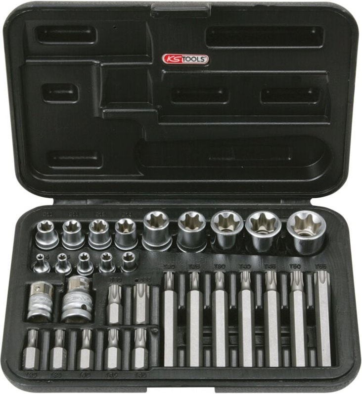TORX® Set, gebohrt, 1/4'' - 3/8'' - 1/2'' - E4 bis E24 - T20 bis T55 - 30 Stück