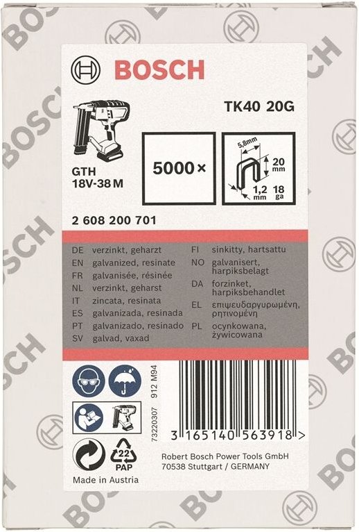 Schmalrückenklammer TK40 20G, 5,8 mm, 1,2 mm, 20 mm, verzinkt, 5000er-Pack - Bosch