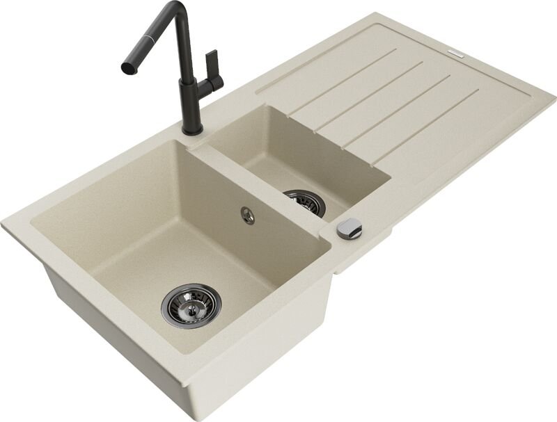 Mexen Andres 1,5-Becken-Granitspüle mit Abtropffläche und Mischbatterie Flora, Beige - 6515-69-67040