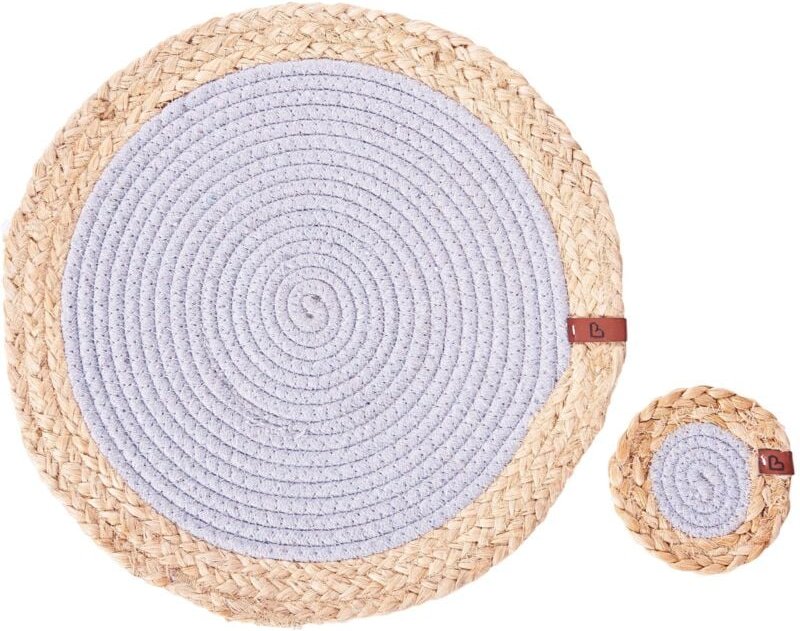 Beliani - 6 Personen Tischset mit Untersetzern Naturfarben / Grau Jute u. Baumwolle Geflochten Rund ⌀ 35 cm 12-Teilig Ha...