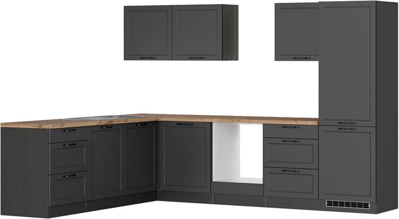 Thumbnail - Lomadox - Winkelküche 300/240 cm in grau, Arbeitsplatte in Eiche, MONTERREY-03